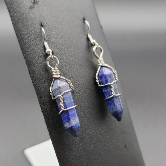 Silver Plated Lapis Lazuli Stone Handmade Wire Earrings A6317 - Picture 2 of 5